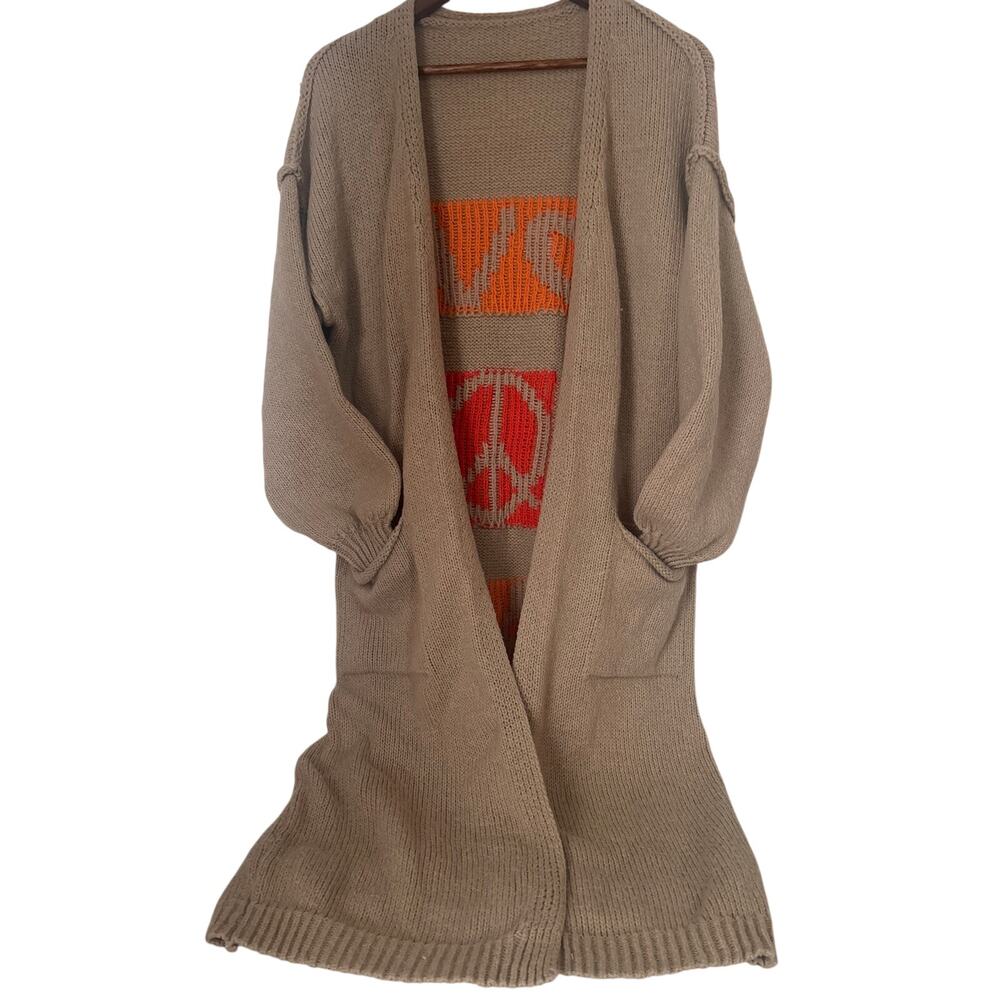 Women's Tan Long Love Peace Sweater with Pockets Size S